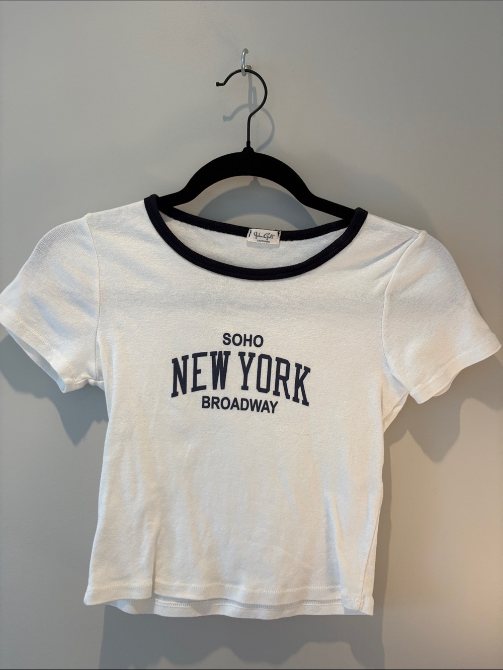 Brandy Melville White T-Shirt with Navy Trim and Navy Print